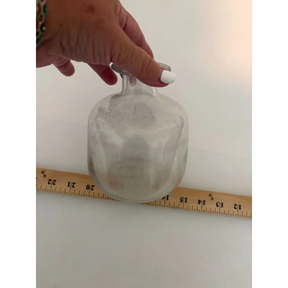 Hand blown clear blue bubble glass vase with applied medallion